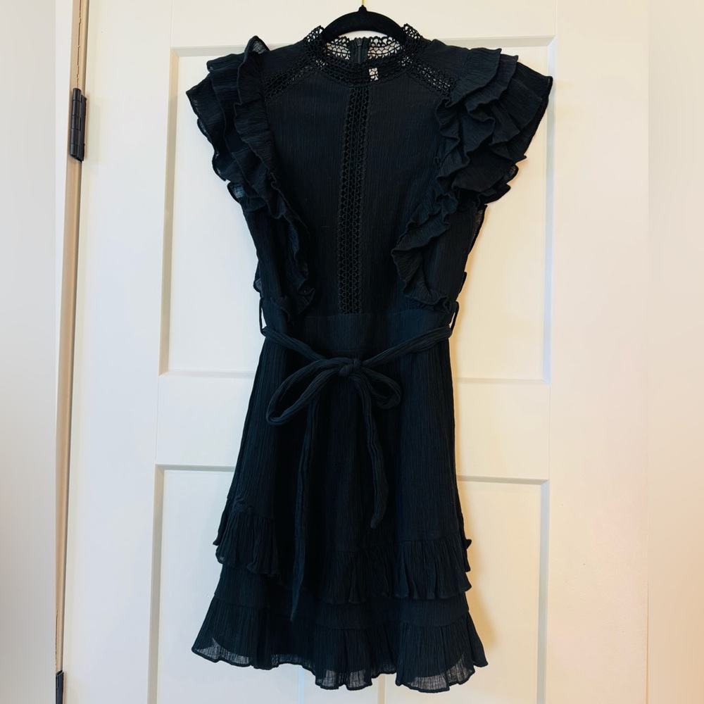Women’s Black Ruffle Mini Dress with Waist Tie | XS